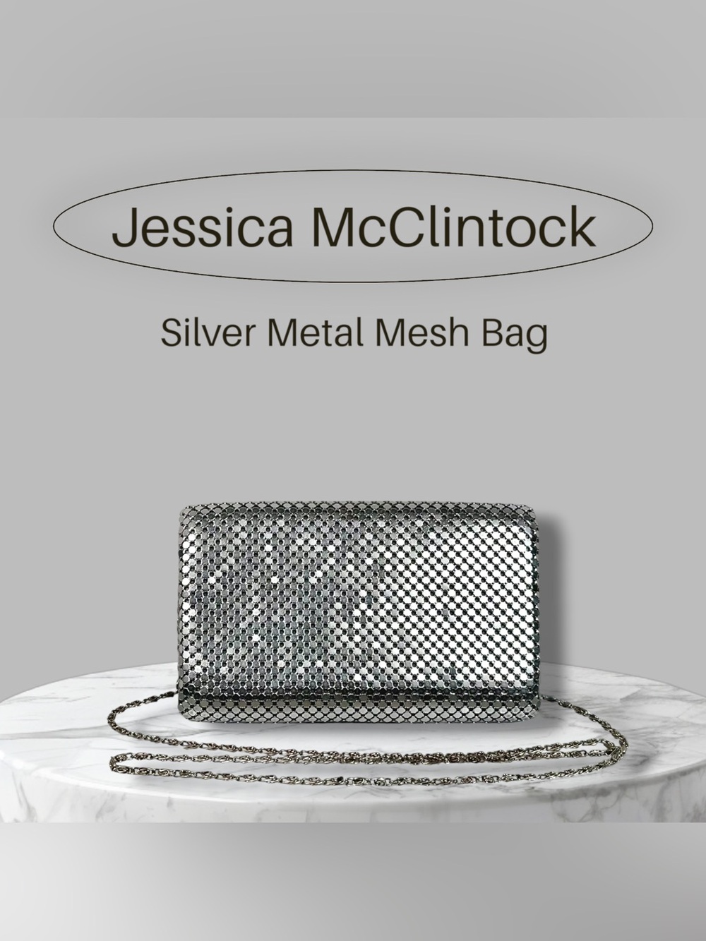 Jessica McClintock Silver Metal Mesh Clutch Crossbody Evening Bag Vintage
